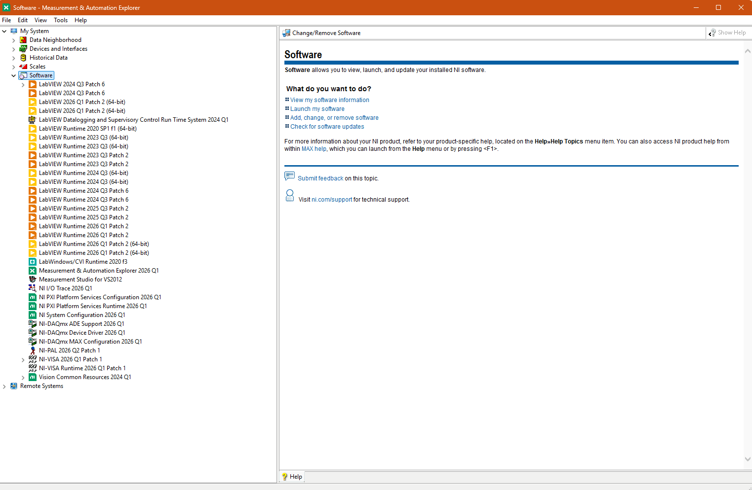 NI MAX Software section listing installed NI software components and versions, used for a Windows 11 migration inventory audit